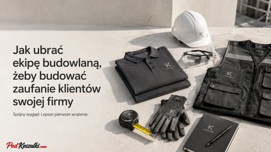 Odzież robocza z logo firmy dla ekipy budowlanej w Chicago — polo, kamizelka odblaskowa, kask i rękawice z firmowym nadrukiem