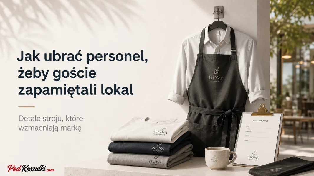 Strój personelu restauracji z logo — fartuch kelnerski, koszula i koszulki z haftowanym logo lokalu gastronomicznego