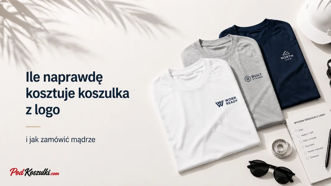 Biała, szara i granatowa koszulka z nadrukowanym logo firmy obok cennika — ile kosztuje koszulka z logo