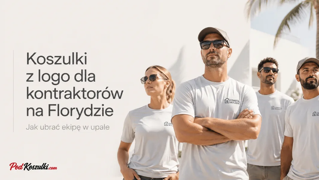 Ekipa kontraktorów na Florydzie w białych koszulkach z logo firmy — przewiewna odzież robocza na upały