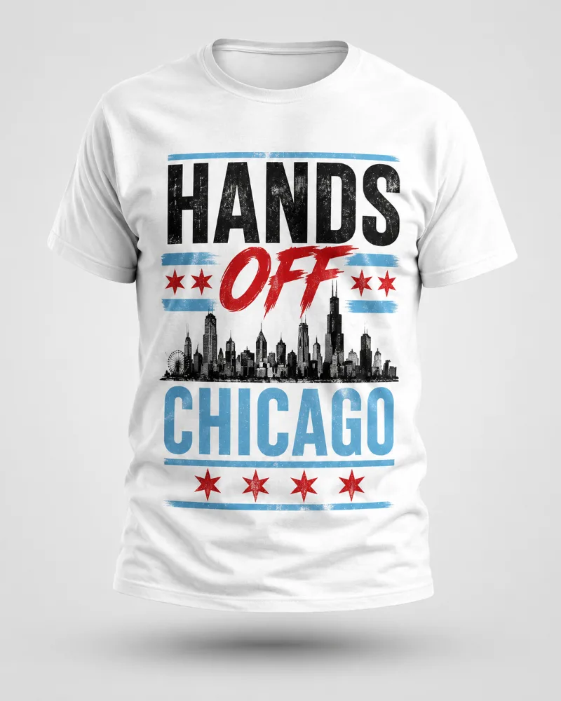 Koszulka Ręce Precz od Chicago – Panorama Miasta i Czerwone Gwiazdy